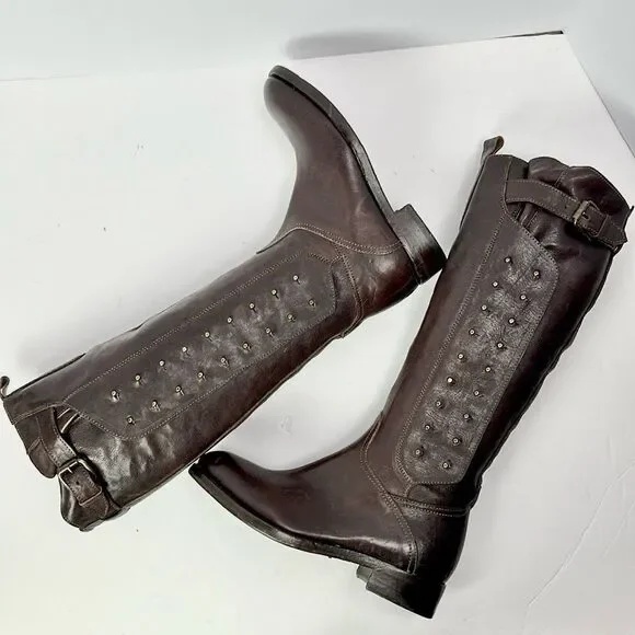 NWOB Montegranaro Area Forte Italy Brown Leather Studded Riding Boots EUR37 US 7